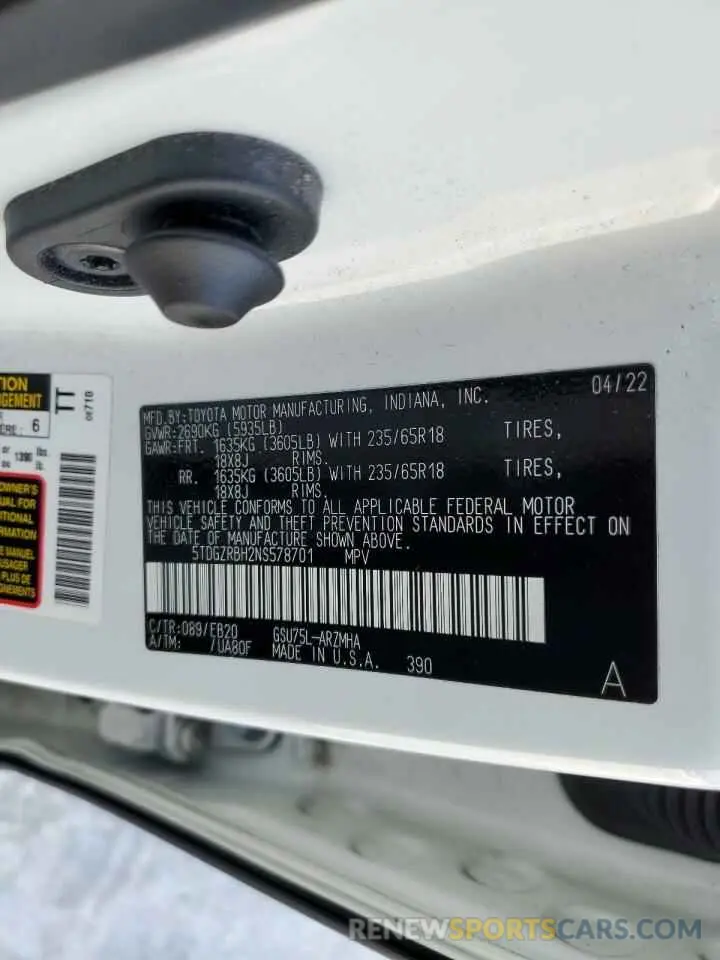 13 Photograph of a damaged car 5TDGZRBH2NS578701 TOYOTA HIGHLANDER 2022
