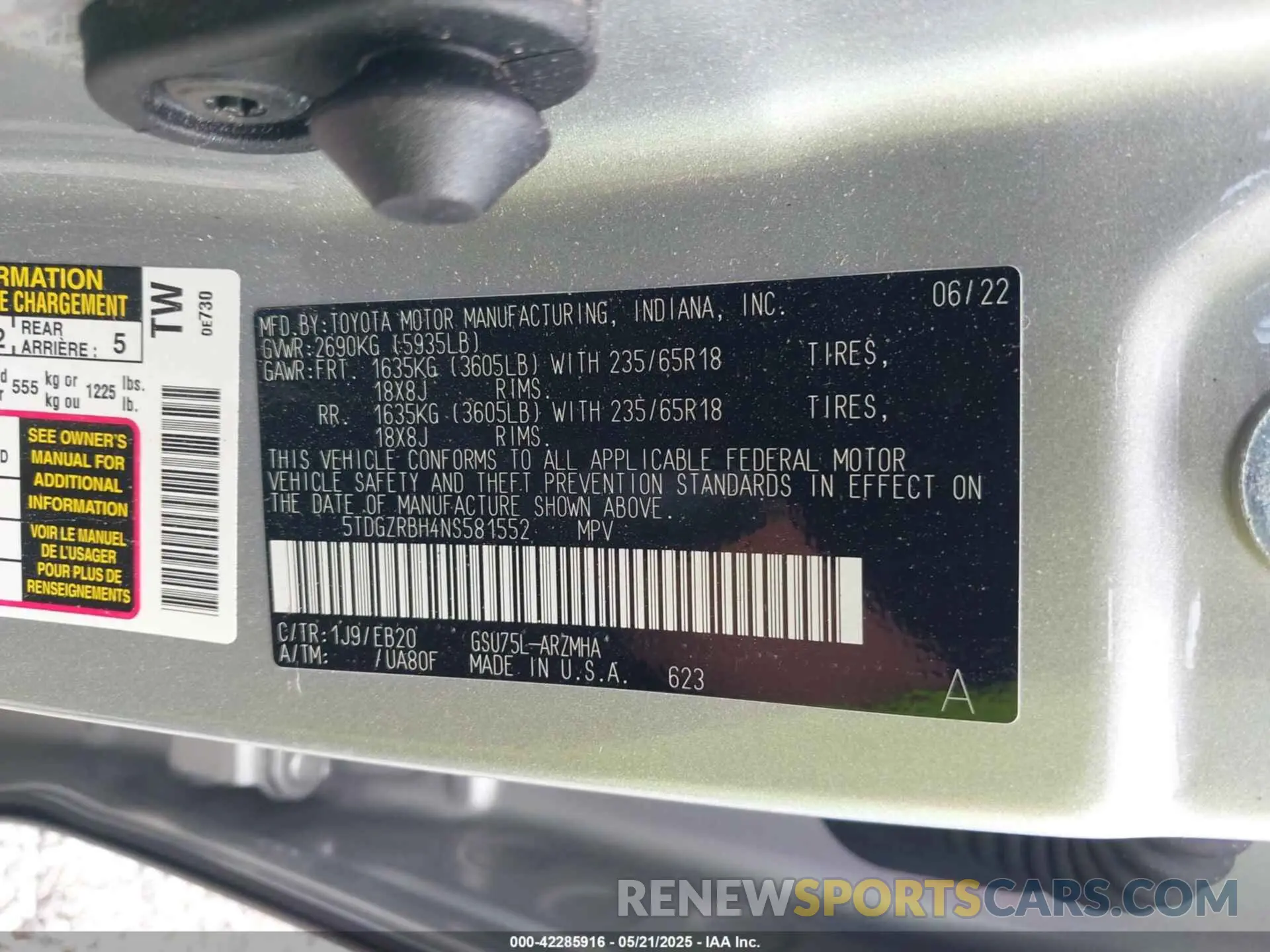 9 Фотография поврежденного автомобиля 5TDGZRBH4NS581552 TOYOTA HIGHLANDER 2022