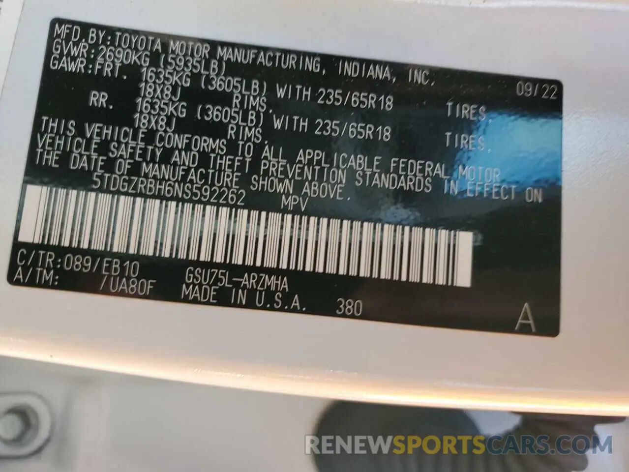 13 Фотография поврежденного автомобиля 5TDGZRBH6NS592262 TOYOTA HIGHLANDER 2022