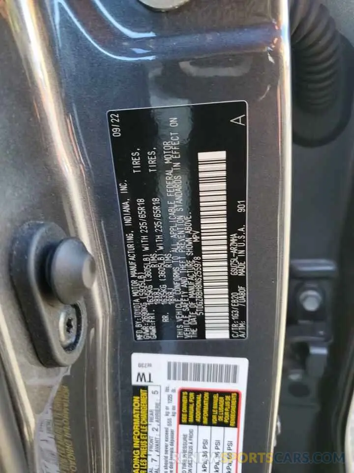 13 Фотография поврежденного автомобиля 5TDGZRBH8NS255978 TOYOTA HIGHLANDER 2022