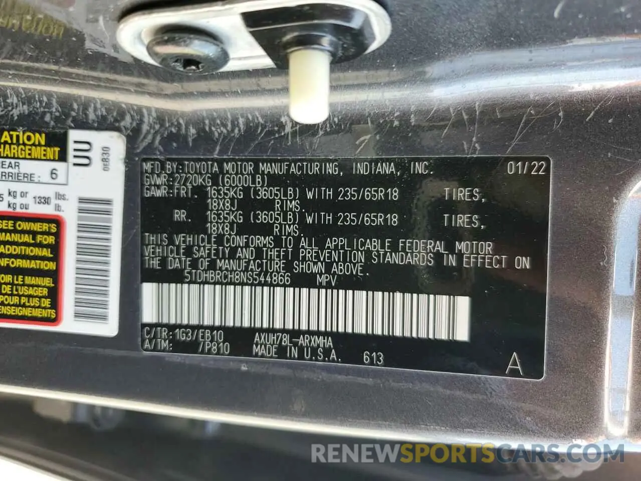 13 Photograph of a damaged car 5TDHBRCH8NS544866 TOYOTA HIGHLANDER 2022