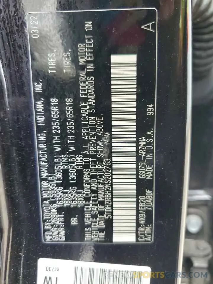13 Photograph of a damaged car 5TDHZRBH2NS202763 TOYOTA HIGHLANDER 2022