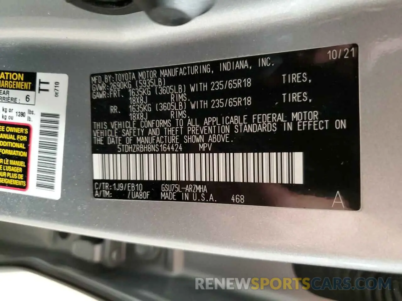 13 Фотография поврежденного автомобиля 5TDHZRBH8NS164424 TOYOTA HIGHLANDER 2022