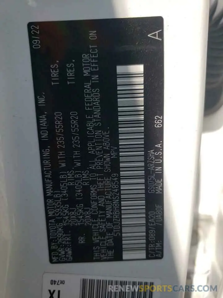 13 Фотография поврежденного автомобиля 5TDJZRBH8NS248549 TOYOTA HIGHLANDER 2022