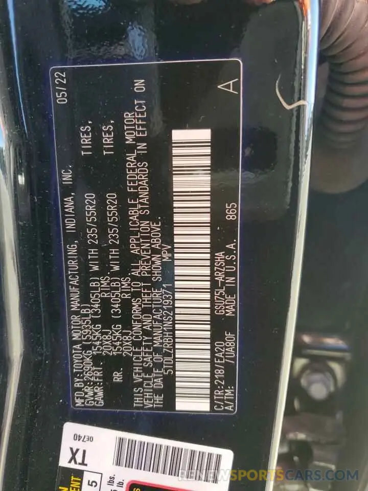 14 Фотография поврежденного автомобиля 5TDLZRBH1NS219371 TOYOTA HIGHLANDER 2022
