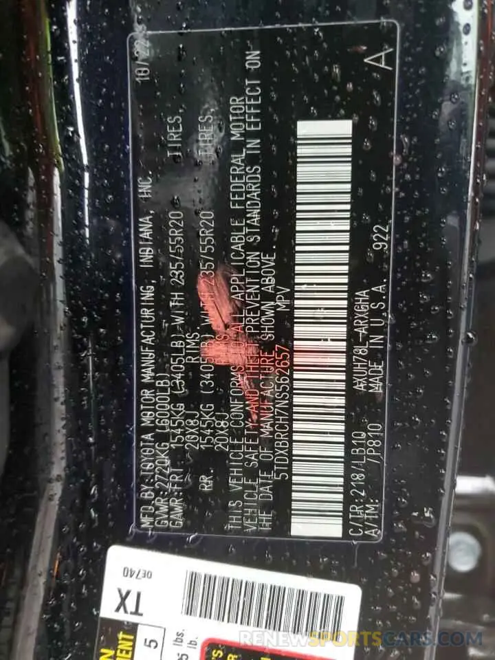 14 Photograph of a damaged car 5TDXBRCH7NS562657 TOYOTA HIGHLANDER 2022