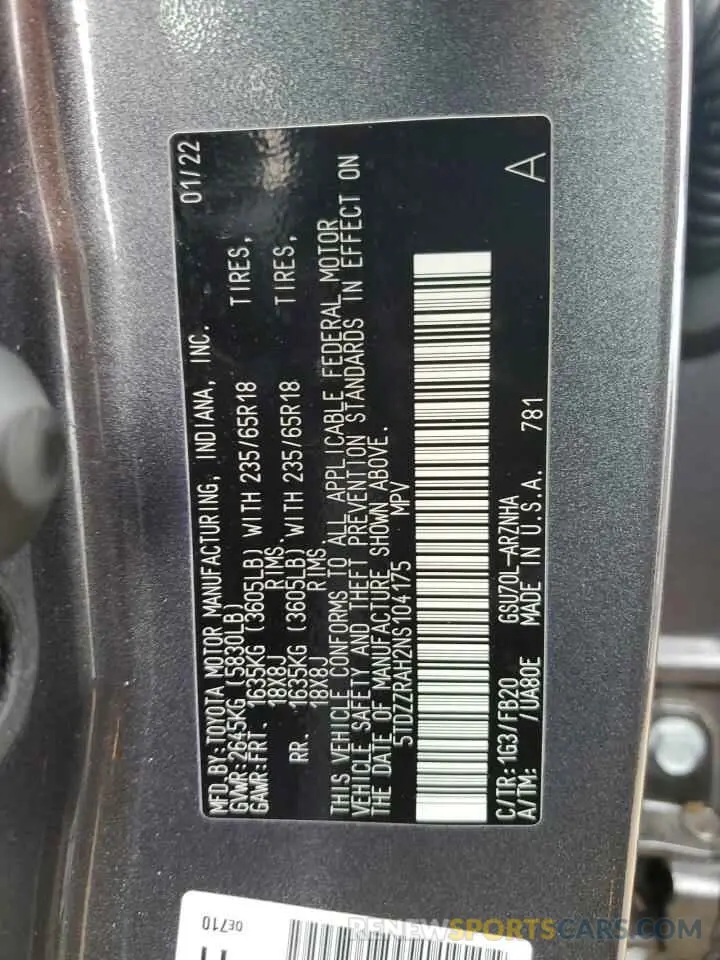 13 Фотография поврежденного автомобиля 5TDZZRAH2NS104175 TOYOTA HIGHLANDER 2022