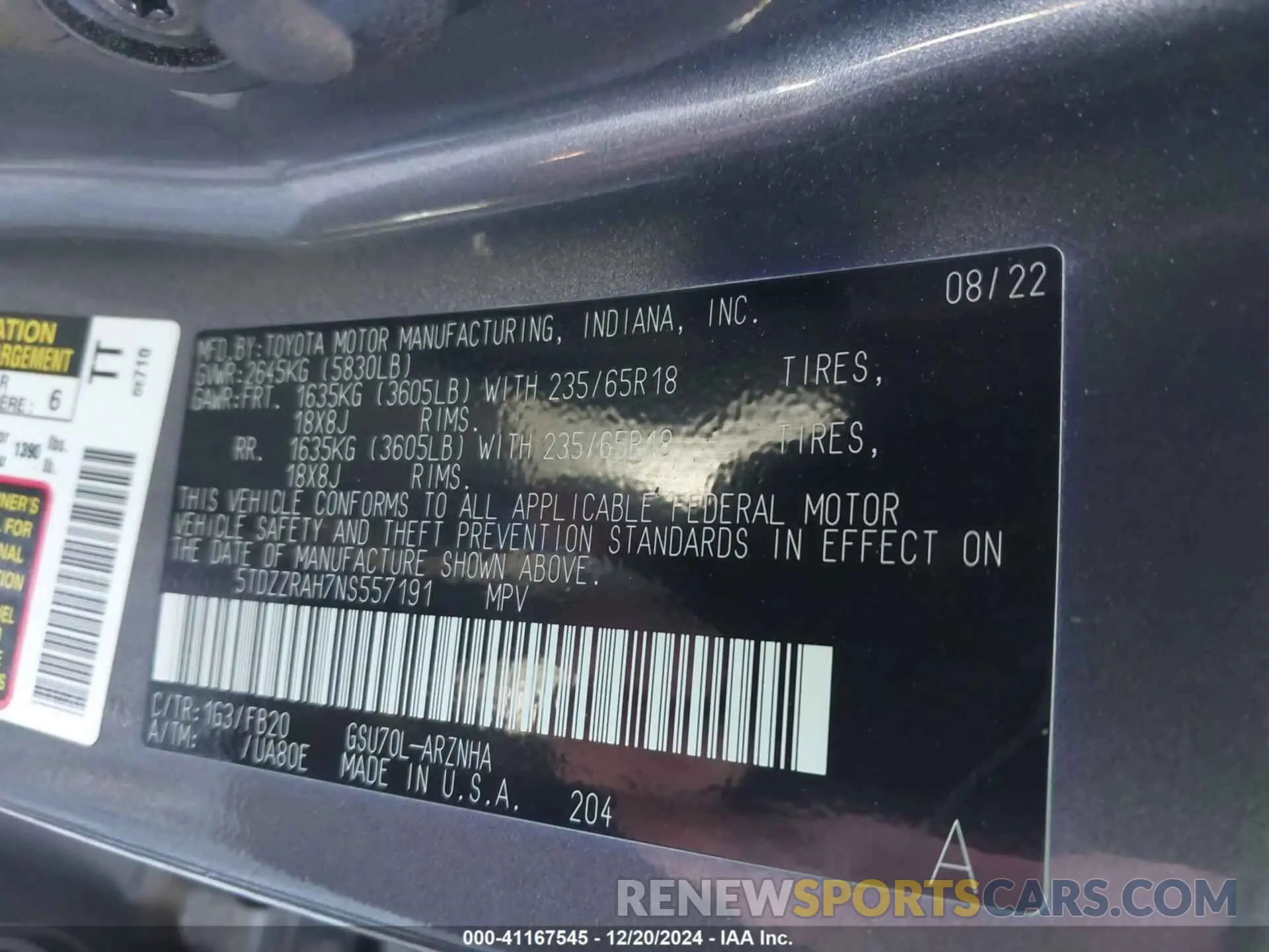 9 Photograph of a damaged car 5TDZZRAH7NS557191 TOYOTA HIGHLANDER 2022