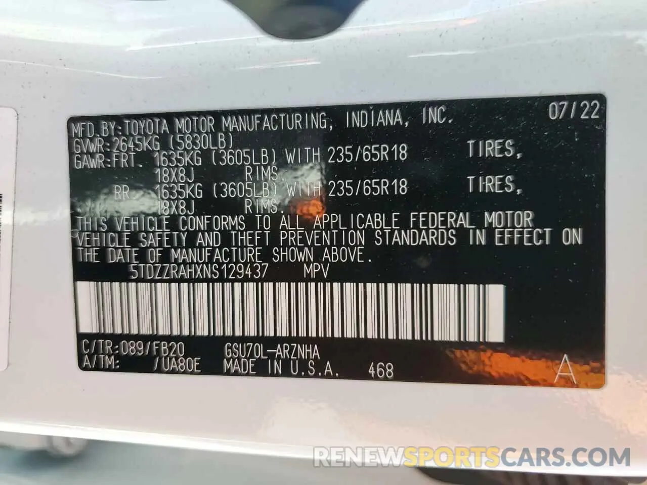 14 Photograph of a damaged car 5TDZZRAHXNS129437 TOYOTA HIGHLANDER 2022