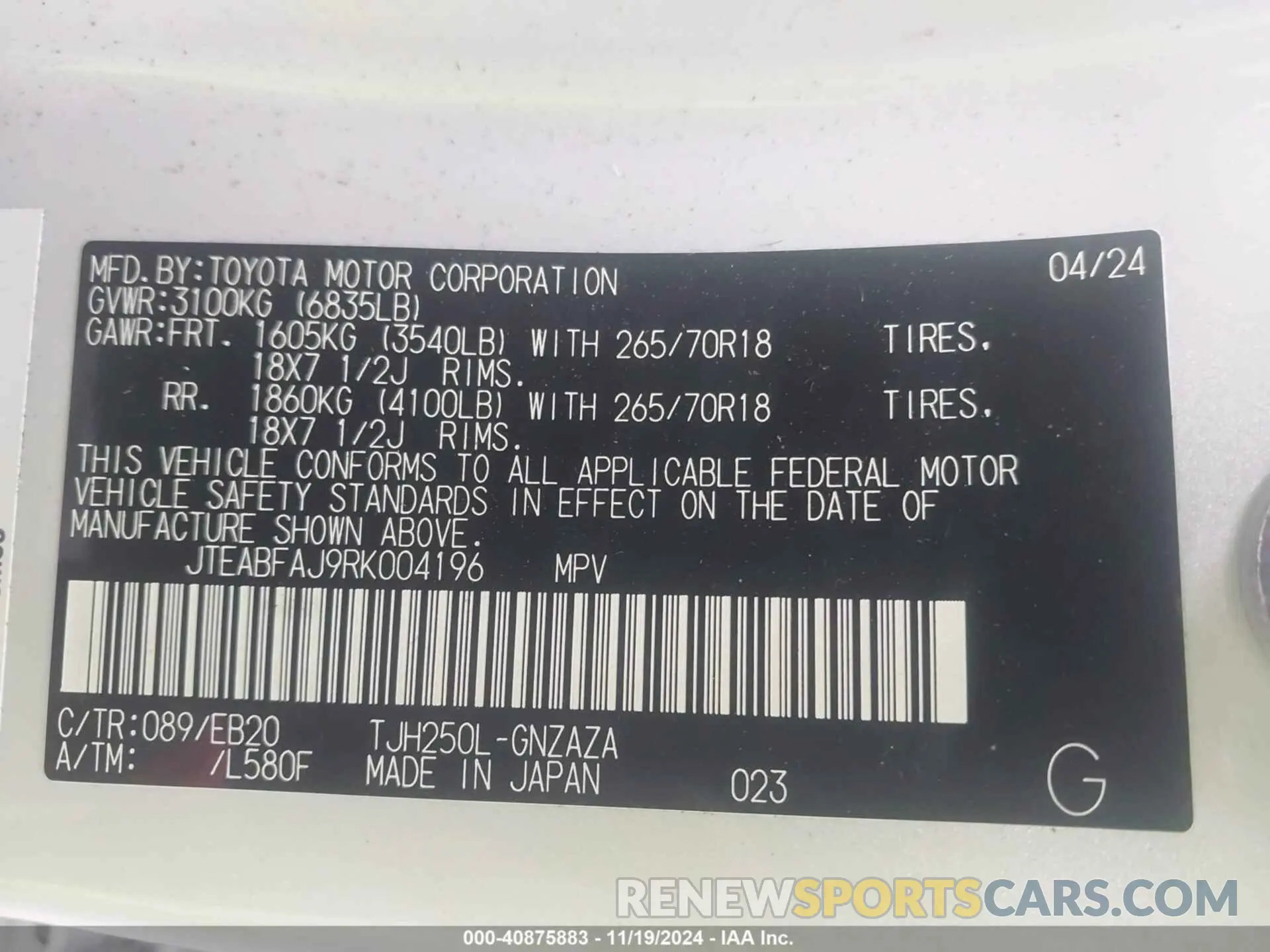 9 Фотография поврежденного автомобиля JTEABFAJ9RK004196 TOYOTA LAND CRUISER 2024
