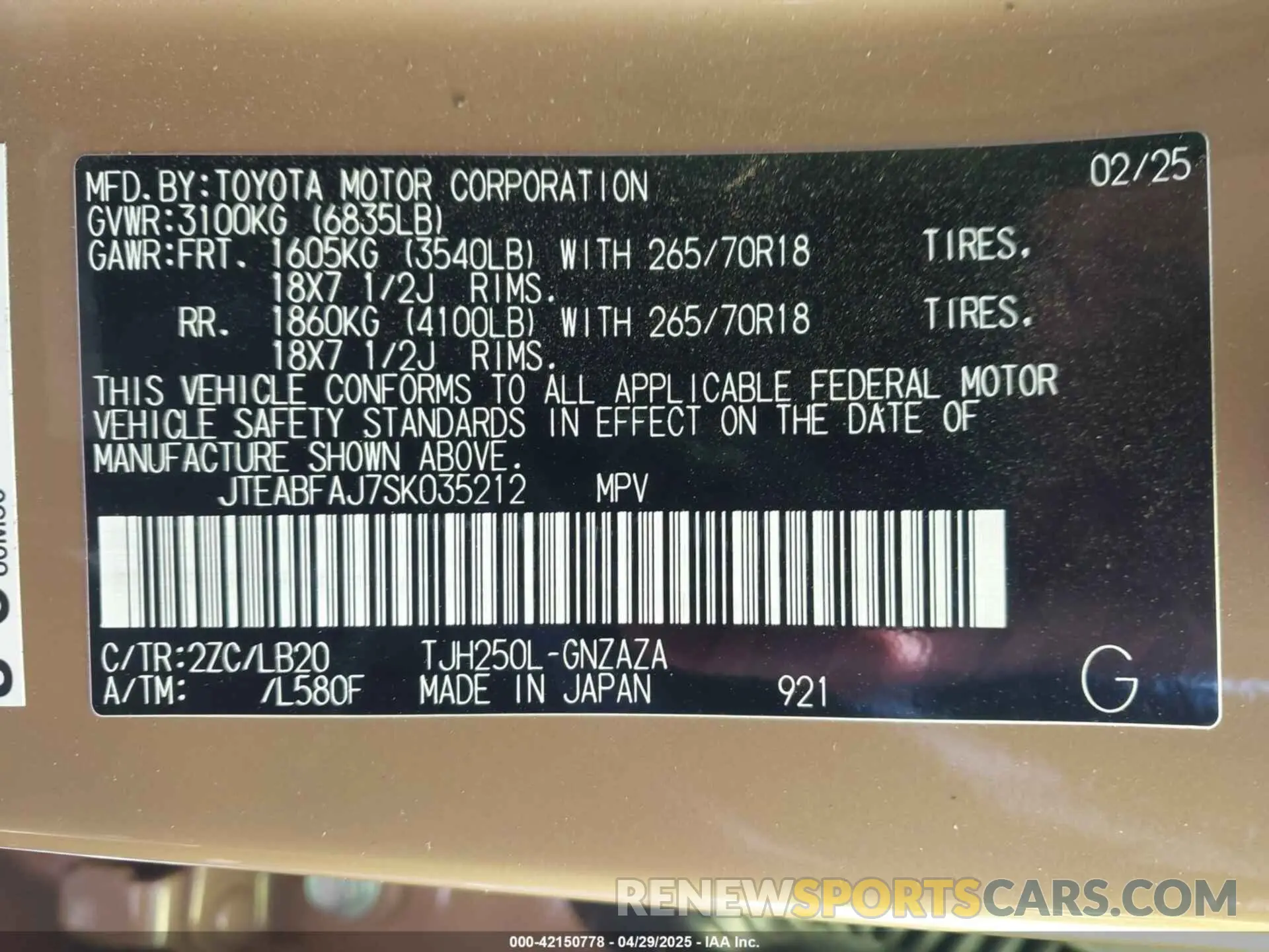 9 Фотография поврежденного автомобиля JTEABFAJ7SK035212 TOYOTA LAND CRUISER 2025