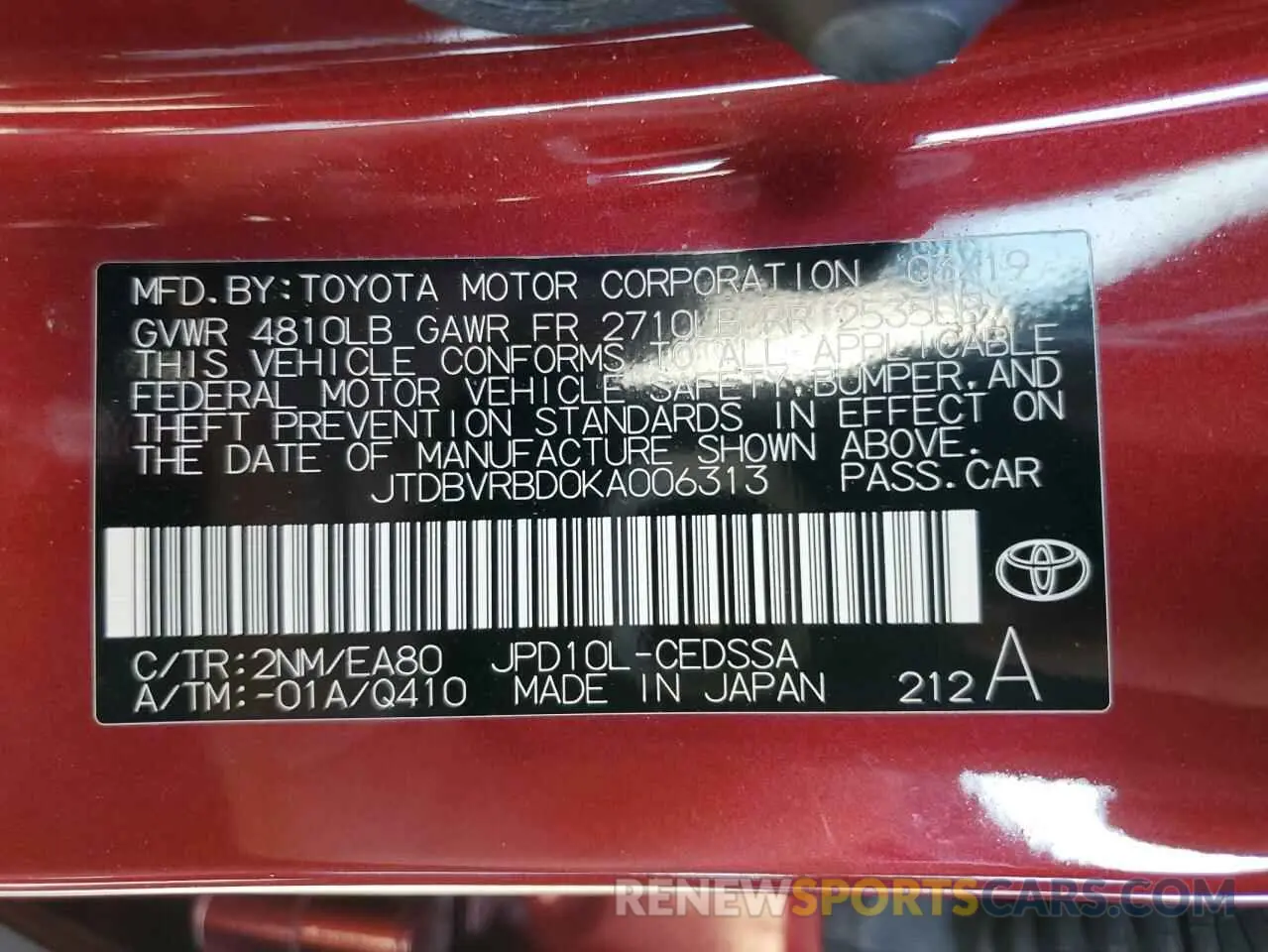 14 Фотография поврежденного автомобиля JTDBVRBD0KA006313 TOYOTA MIRAI 2019