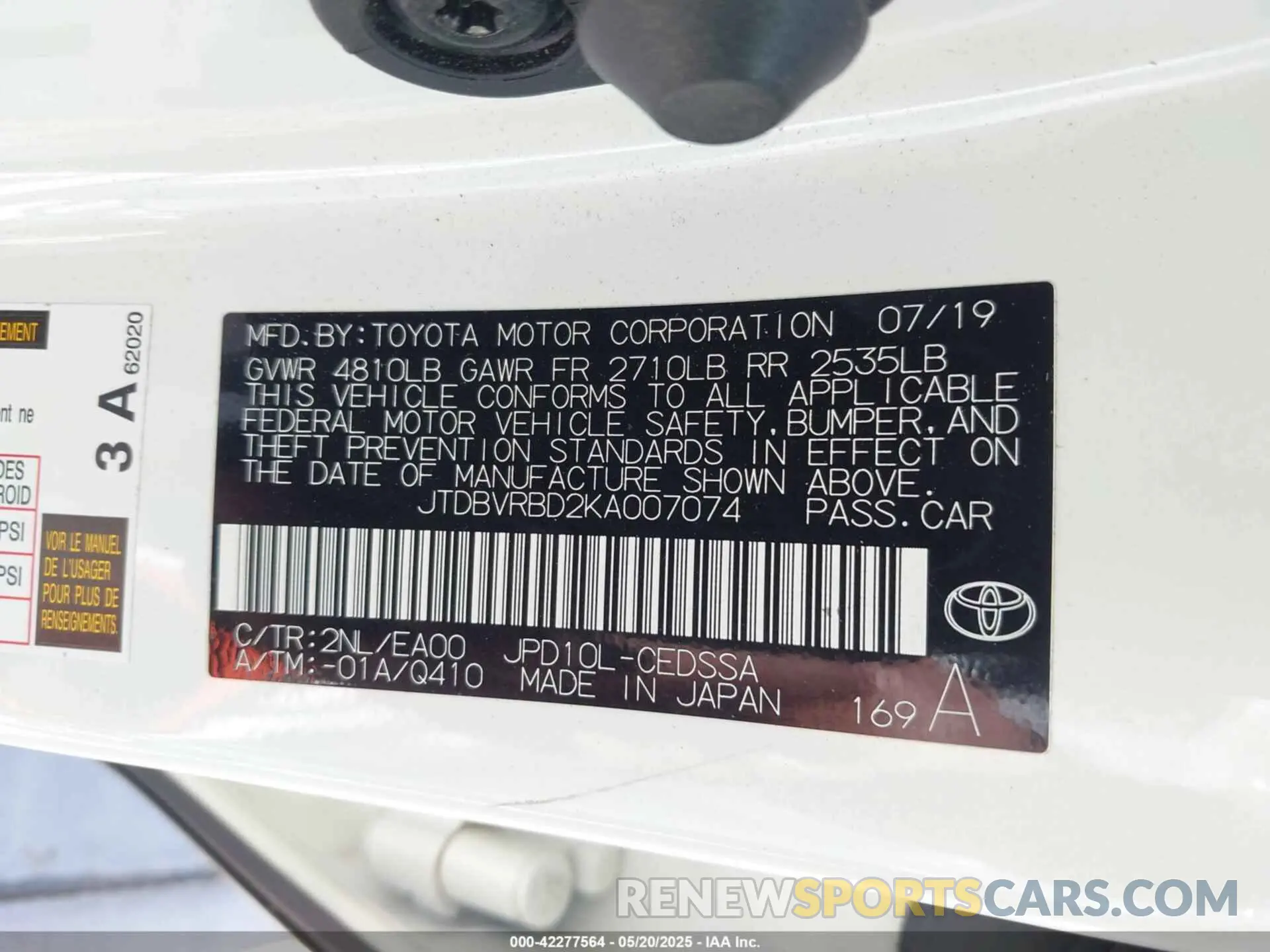 9 Фотография поврежденного автомобиля JTDBVRBD2KA007074 TOYOTA MIRAI 2019