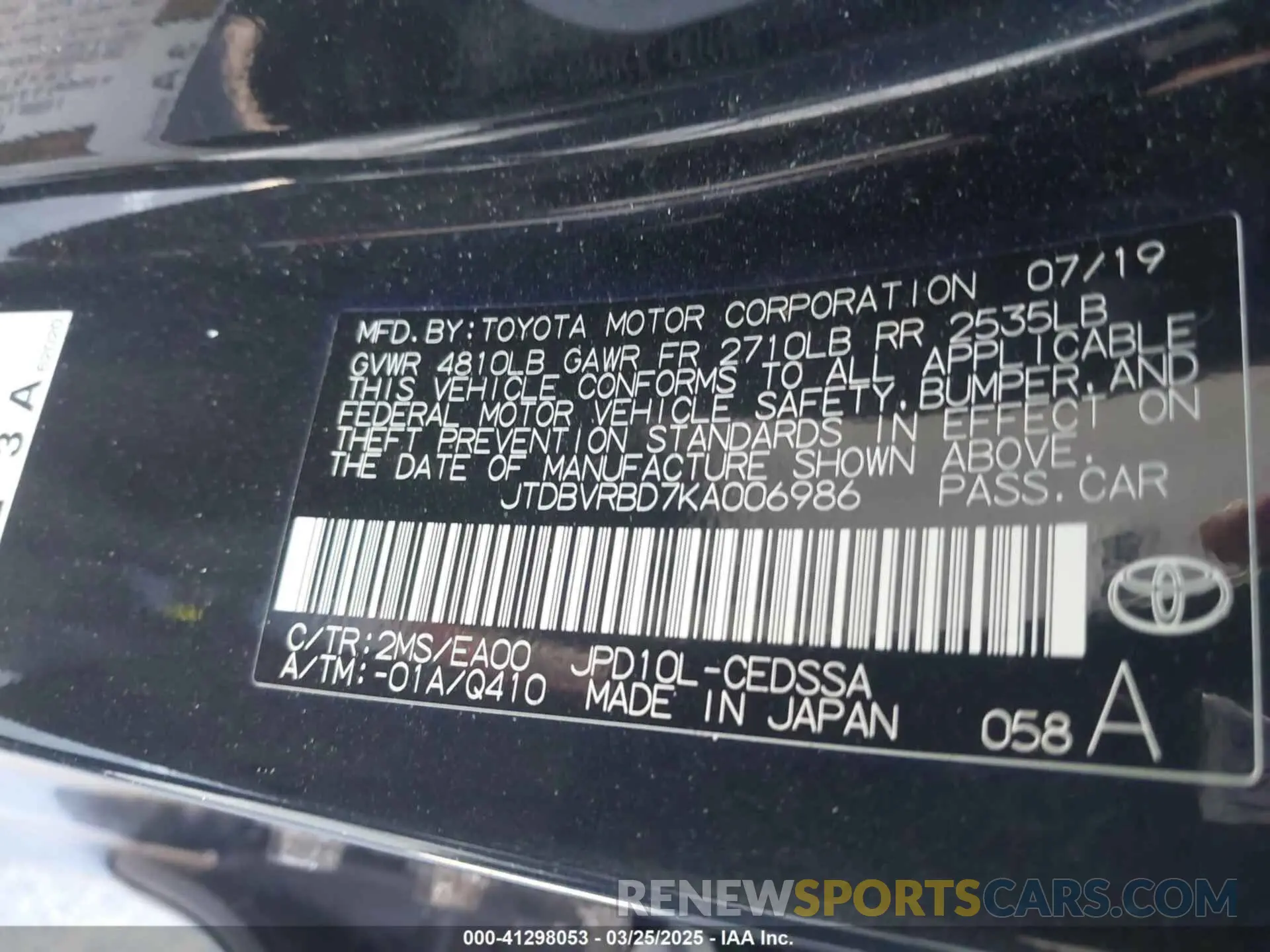 9 Фотография поврежденного автомобиля JTDBVRBD7KA006986 TOYOTA MIRAI 2019