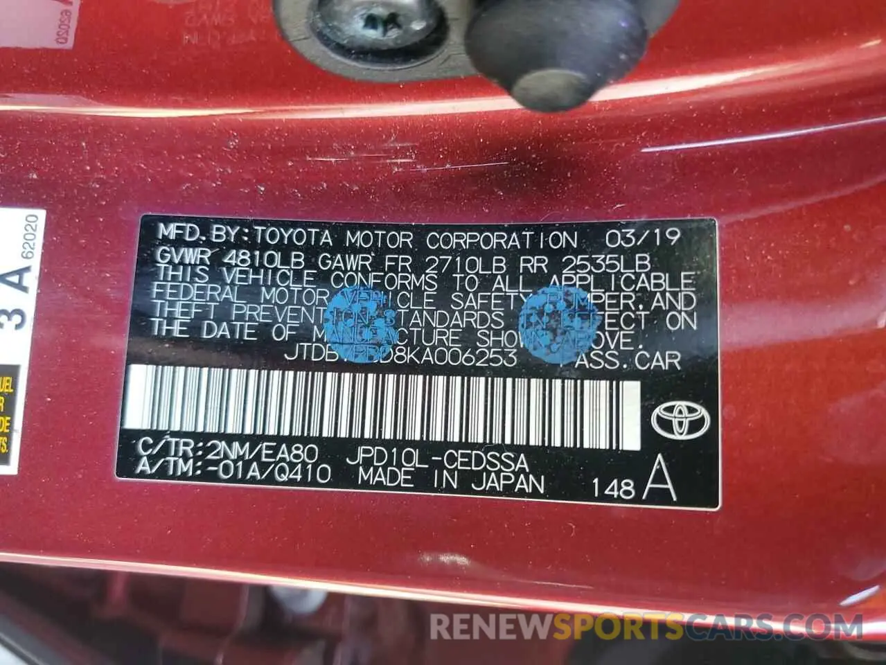12 Фотография поврежденного автомобиля JTDBVRBD8KA006253 TOYOTA MIRAI 2019