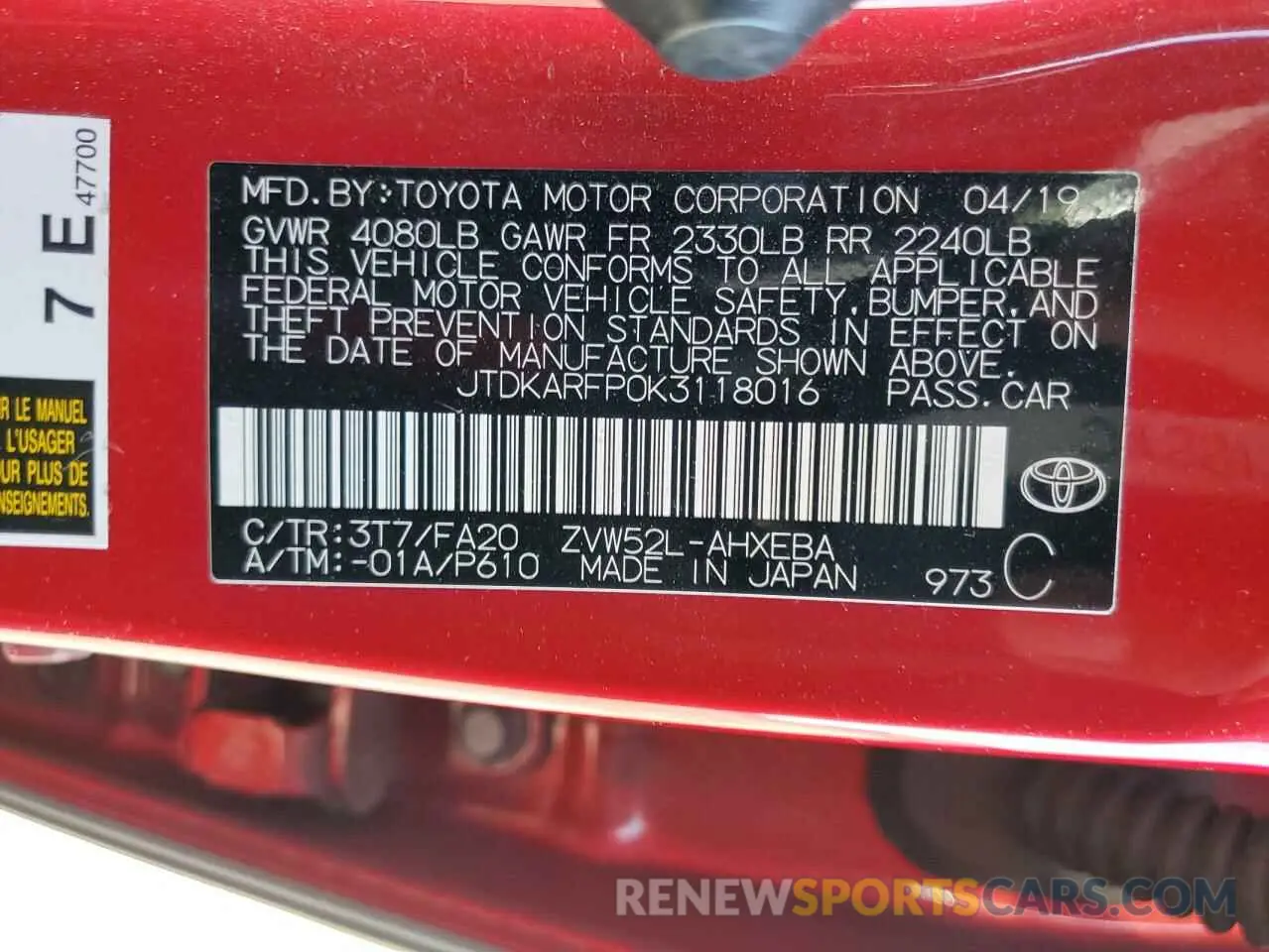 12 Photograph of a damaged car JTDKARFP0K3118016 TOYOTA PRIUS 2019