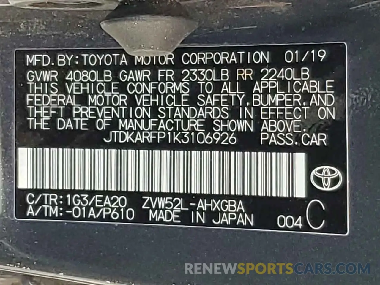 12 Фотография поврежденного автомобиля JTDKARFP1K3106926 TOYOTA PRIUS 2019