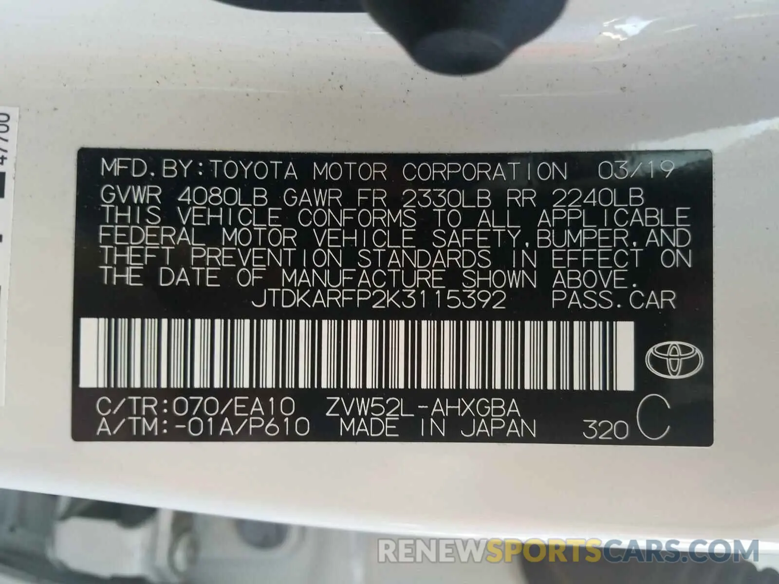 10 Photograph of a damaged car JTDKARFP2K3115392 TOYOTA PRIUS 2019