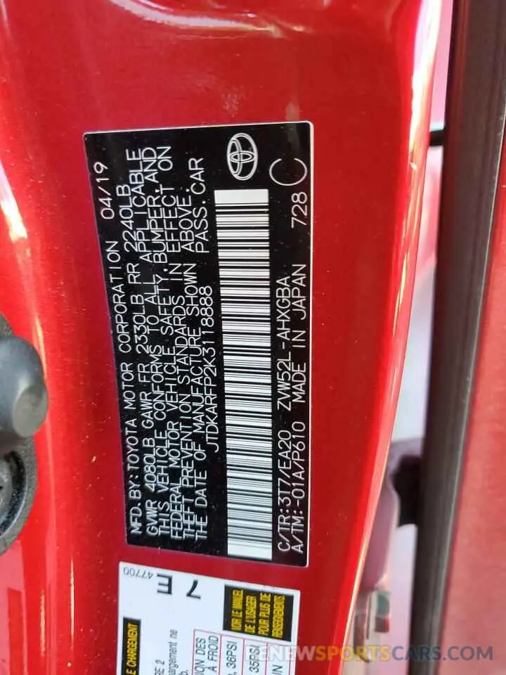 13 Фотография поврежденного автомобиля JTDKARFP2K3118888 TOYOTA PRIUS 2019