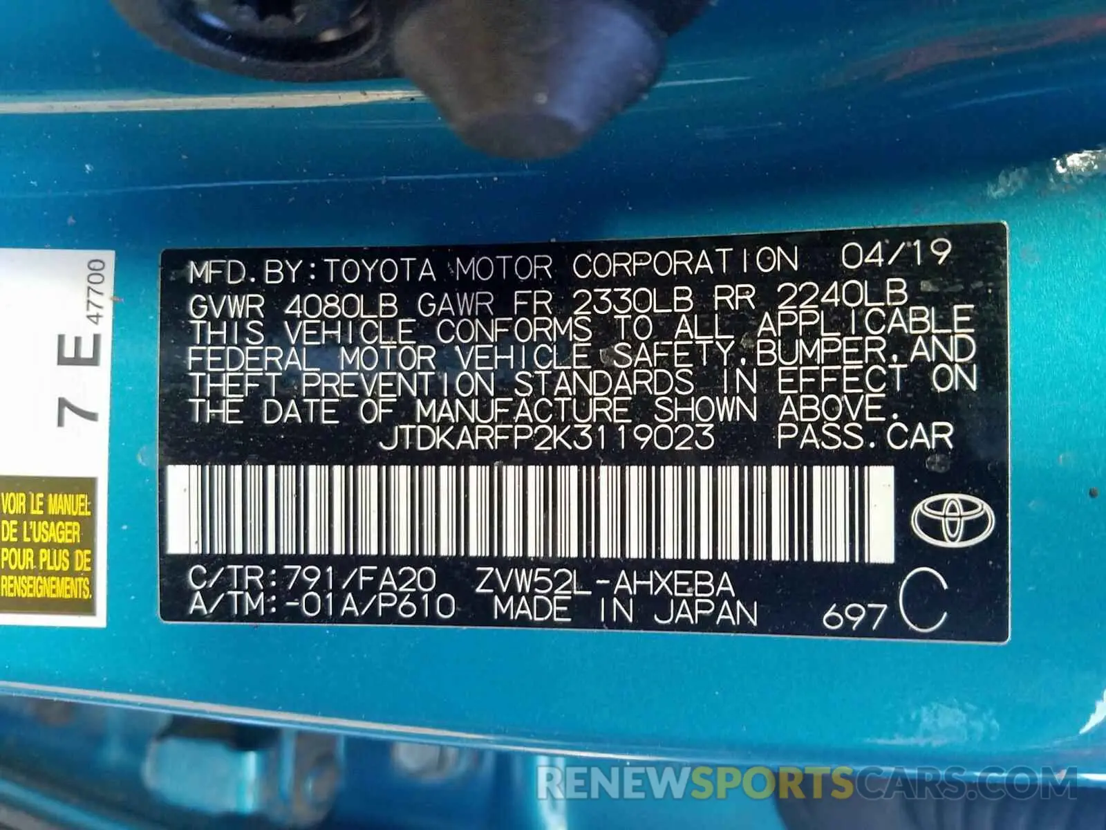 10 Photograph of a damaged car JTDKARFP2K3119023 TOYOTA PRIUS 2019