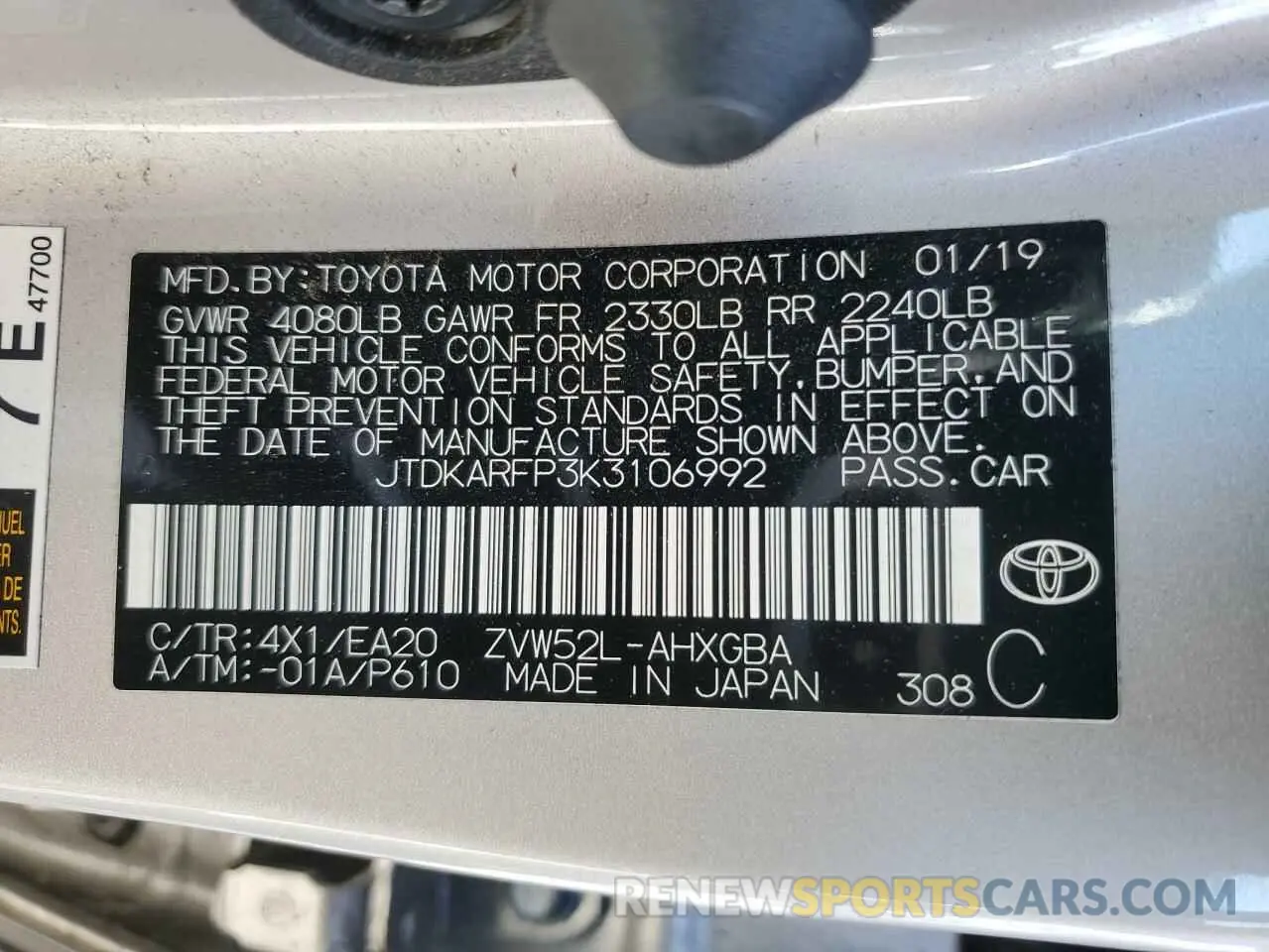 13 Фотография поврежденного автомобиля JTDKARFP3K3106992 TOYOTA PRIUS 2019