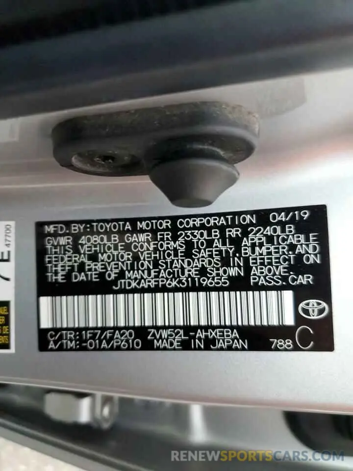 12 Фотография поврежденного автомобиля JTDKARFP6K3119655 TOYOTA PRIUS 2019