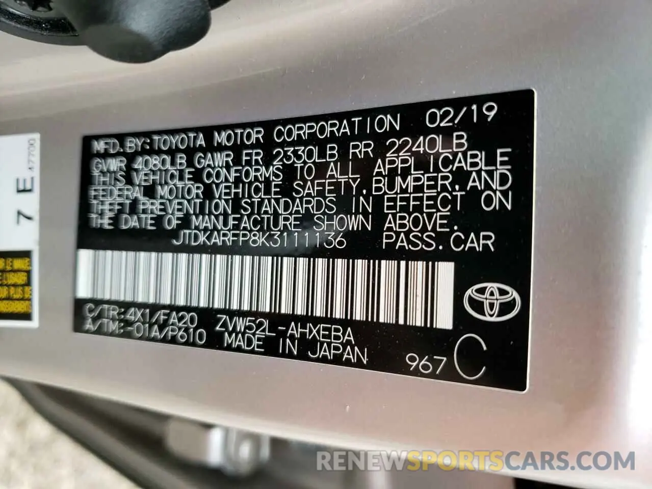 10 Photograph of a damaged car JTDKARFP8K3111136 TOYOTA PRIUS 2019