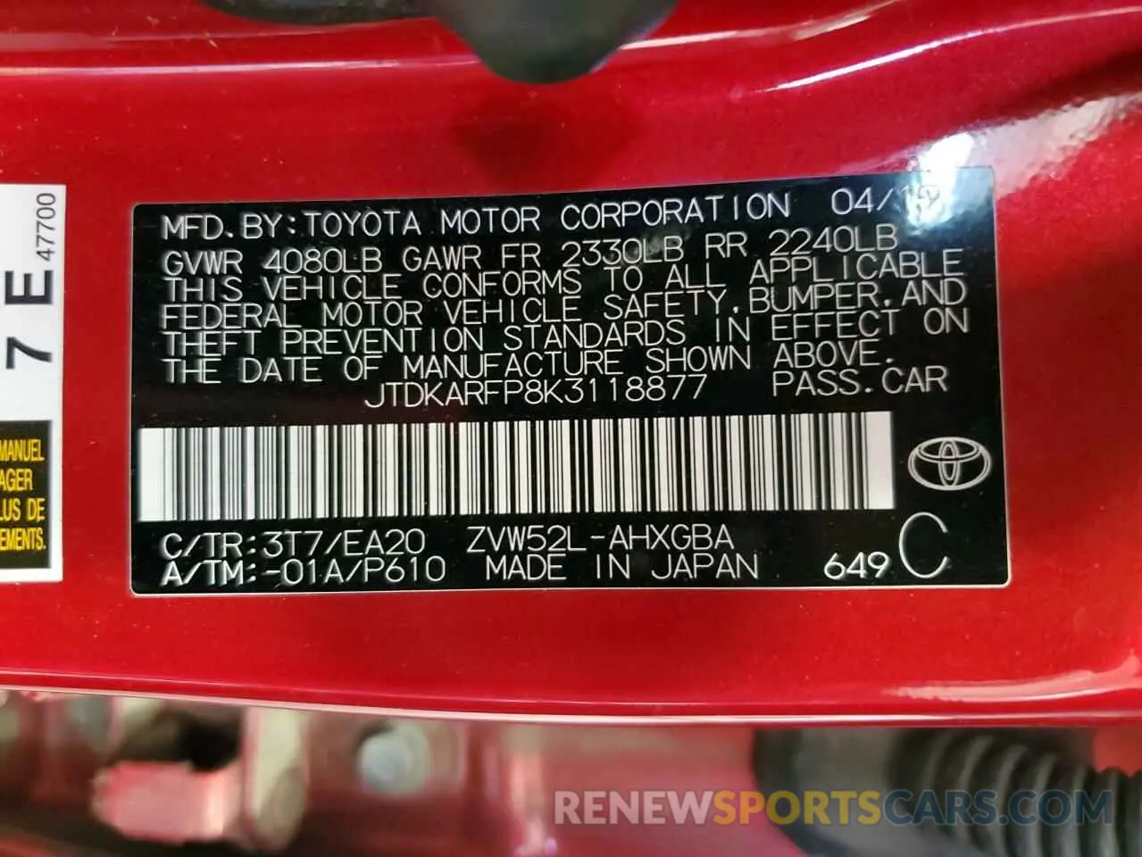 13 Photograph of a damaged car JTDKARFP8K3118877 TOYOTA PRIUS 2019