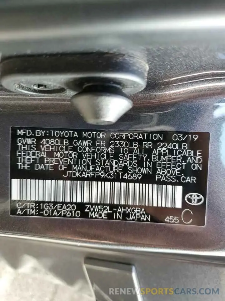 12 Фотография поврежденного автомобиля JTDKARFP9K3114689 TOYOTA PRIUS 2019