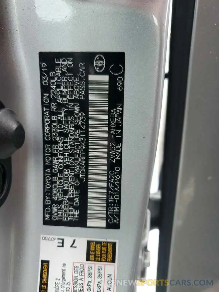 13 Photograph of a damaged car JTDKARFP9K3114739 TOYOTA PRIUS 2019