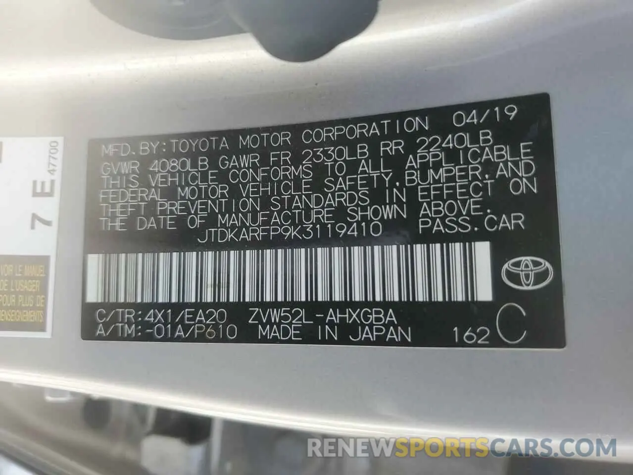 12 Photograph of a damaged car JTDKARFP9K3119410 TOYOTA PRIUS 2019