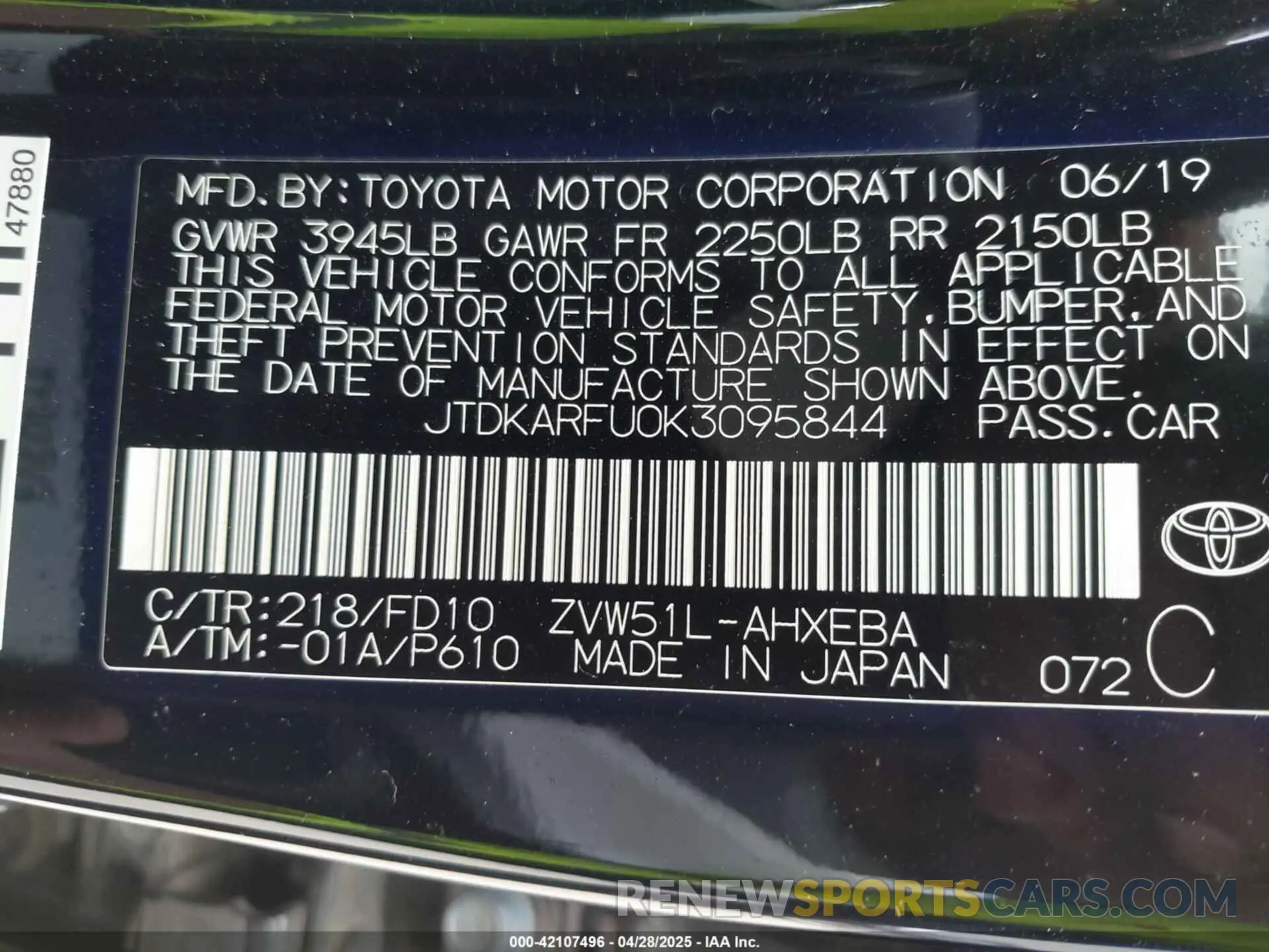 9 Фотография поврежденного автомобиля JTDKARFU0K3095844 TOYOTA PRIUS 2019