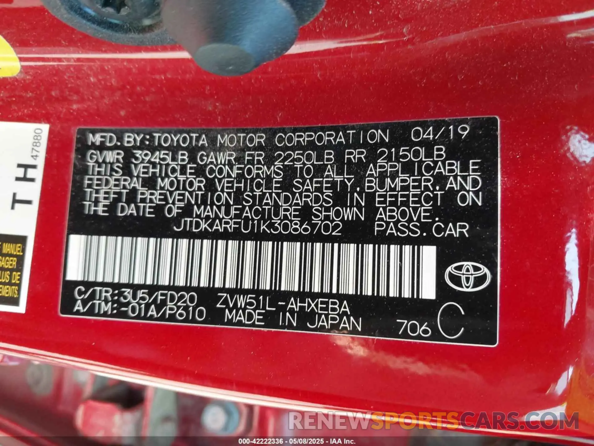 9 Фотография поврежденного автомобиля JTDKARFU1K3086702 TOYOTA PRIUS 2019