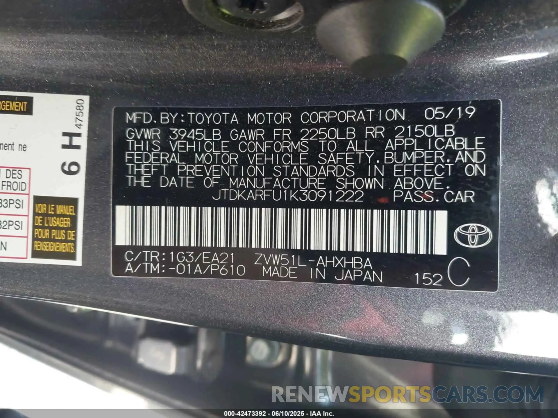 9 Photograph of a damaged car JTDKARFU1K3091222 TOYOTA PRIUS 2019