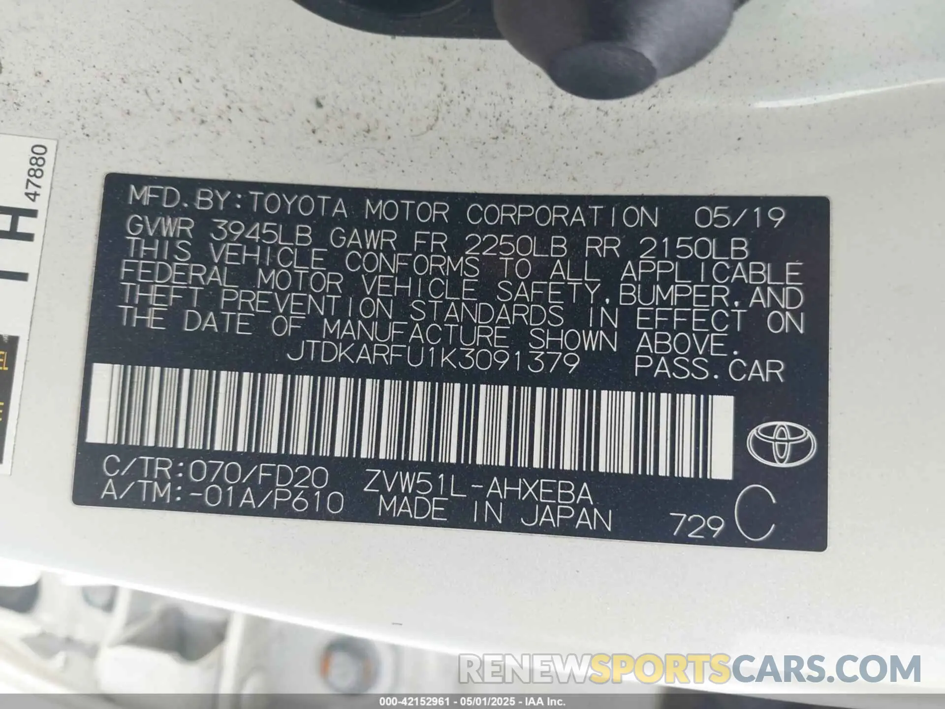 9 Фотография поврежденного автомобиля JTDKARFU1K3091379 TOYOTA PRIUS 2019