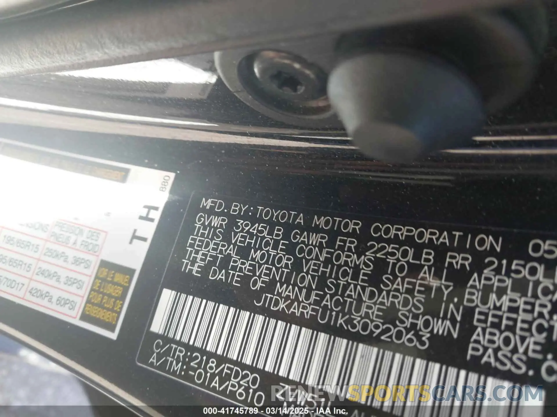 9 Photograph of a damaged car JTDKARFU1K3092063 TOYOTA PRIUS 2019