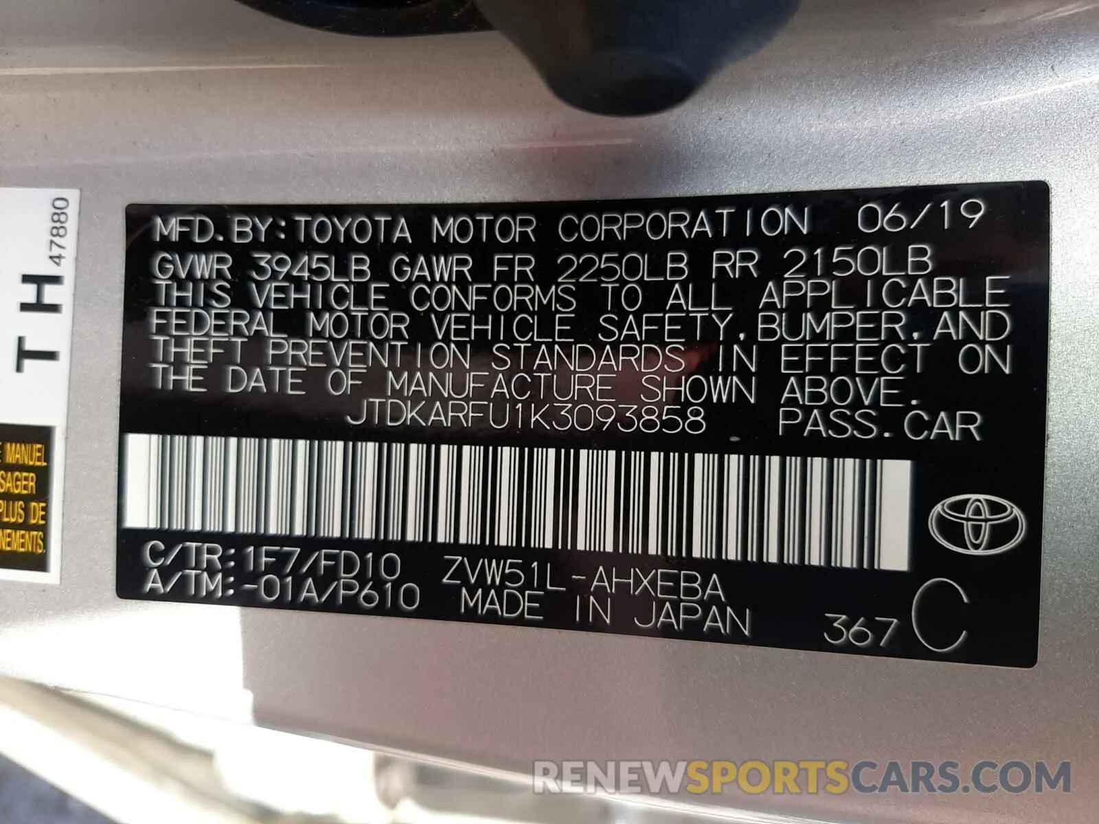 10 Photograph of a damaged car JTDKARFU1K3093858 TOYOTA PRIUS 2019