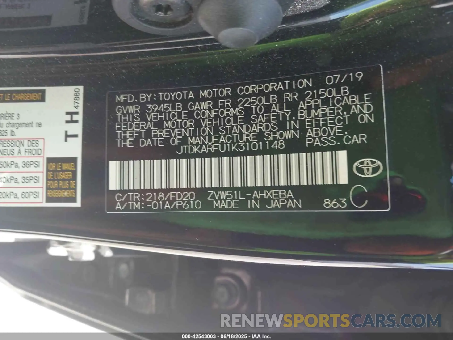 9 Фотография поврежденного автомобиля JTDKARFU1K3101148 TOYOTA PRIUS 2019