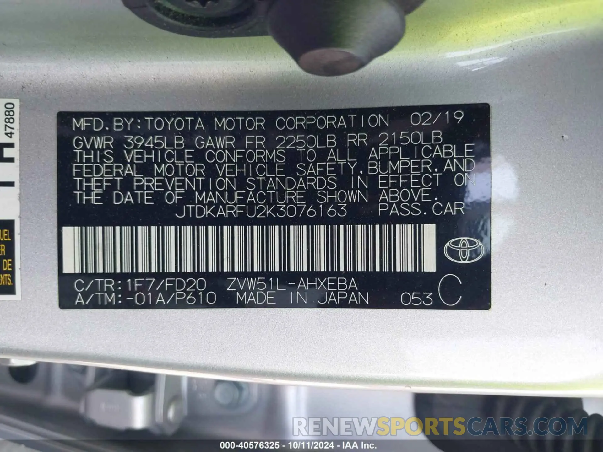 9 Photograph of a damaged car JTDKARFU2K3076163 TOYOTA PRIUS 2019