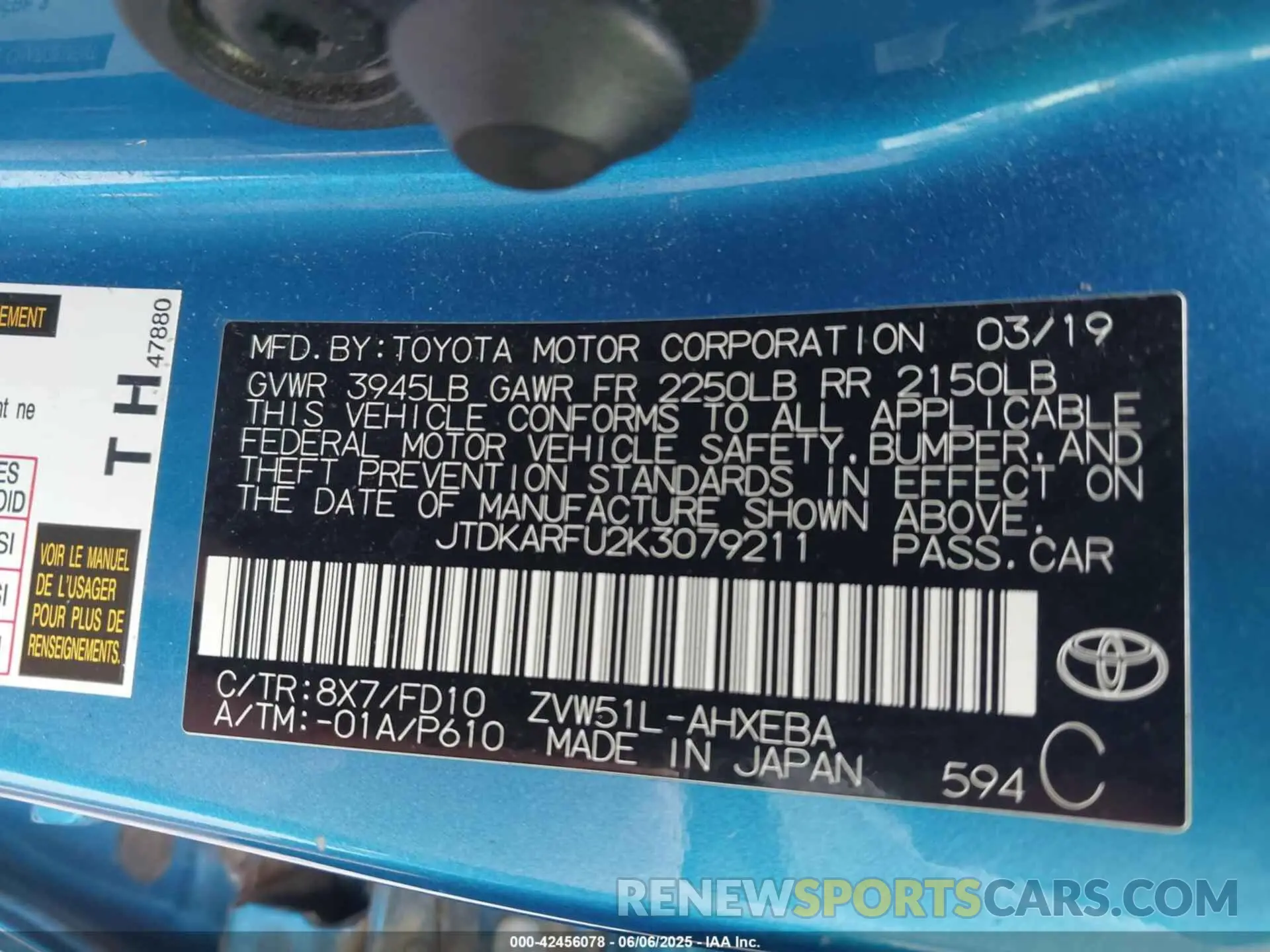 9 Фотография поврежденного автомобиля JTDKARFU2K3079211 TOYOTA PRIUS 2019