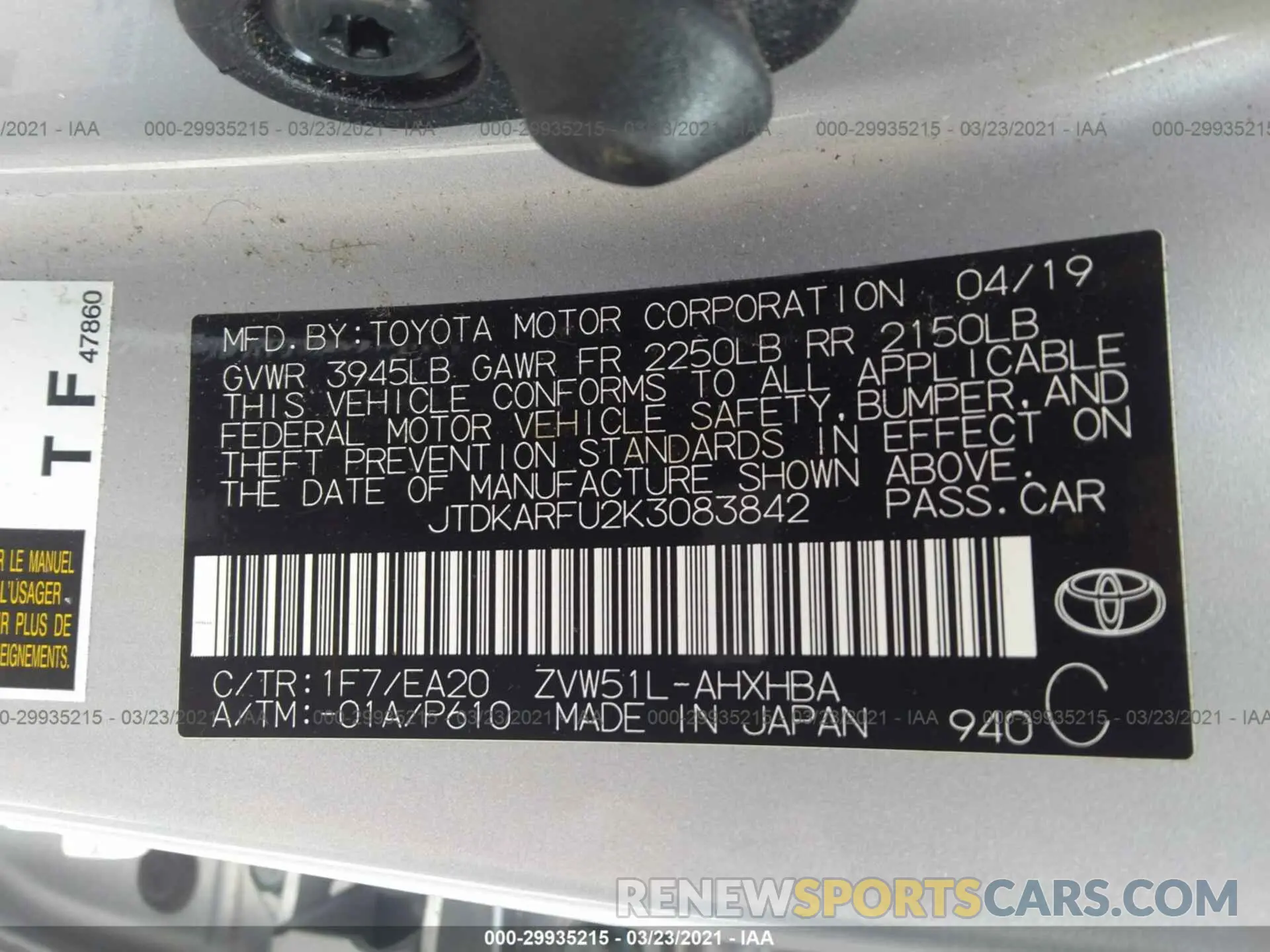 9 Photograph of a damaged car JTDKARFU2K3083842 TOYOTA PRIUS 2019