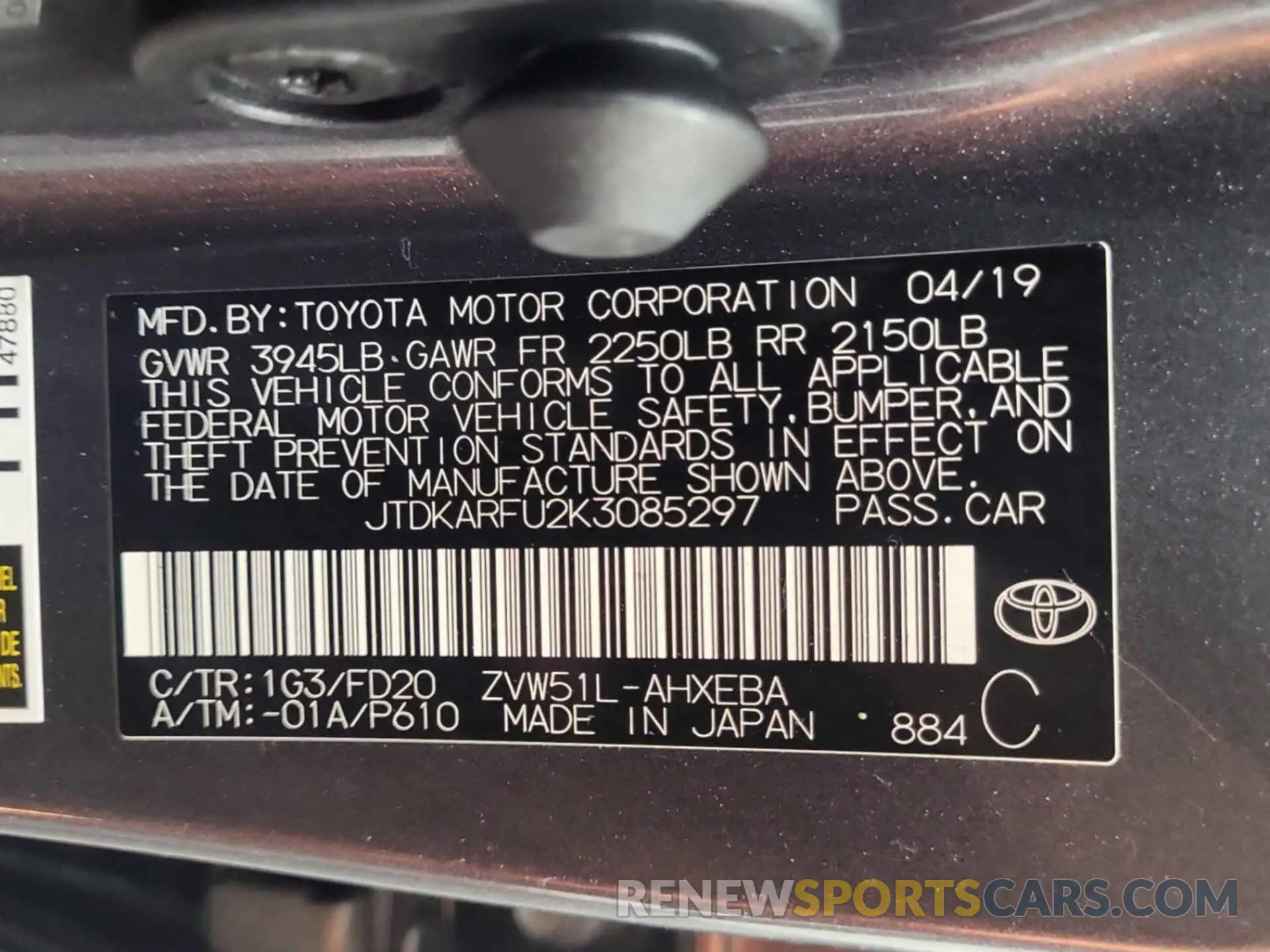 13 Photograph of a damaged car JTDKARFU2K3085297 TOYOTA PRIUS 2019