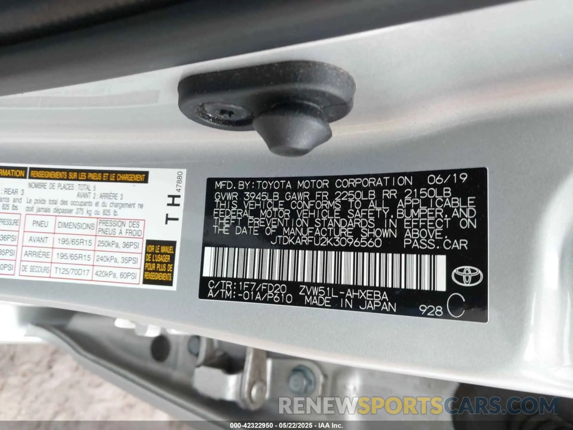 9 Photograph of a damaged car JTDKARFU2K3096560 TOYOTA PRIUS 2019