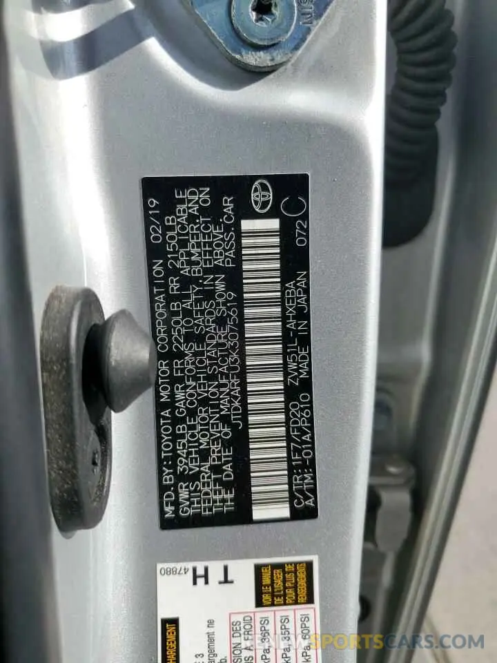 12 Фотография поврежденного автомобиля JTDKARFU3K3075619 TOYOTA PRIUS 2019