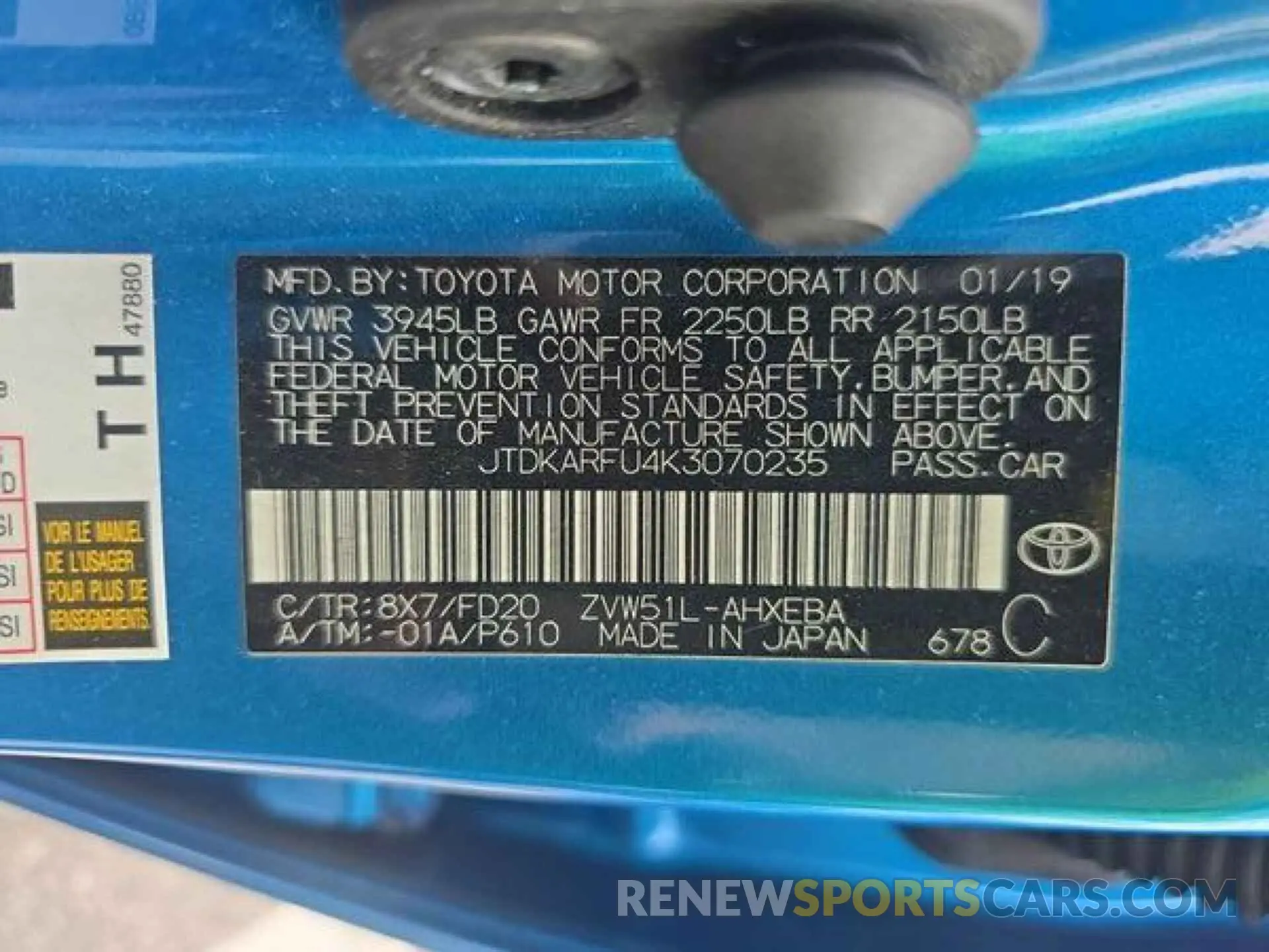 13 Photograph of a damaged car JTDKARFU4K3070235 TOYOTA PRIUS 2019
