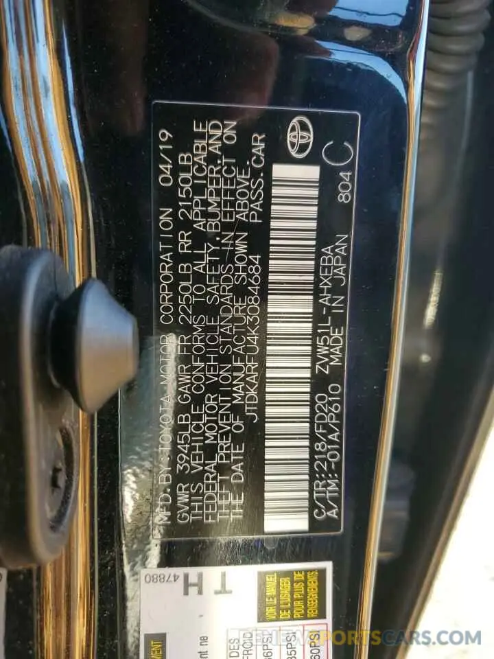 12 Фотография поврежденного автомобиля JTDKARFU4K3084684 TOYOTA PRIUS 2019