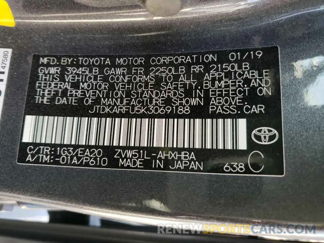 10 Photograph of a damaged car JTDKARFU5K3069188 TOYOTA PRIUS 2019