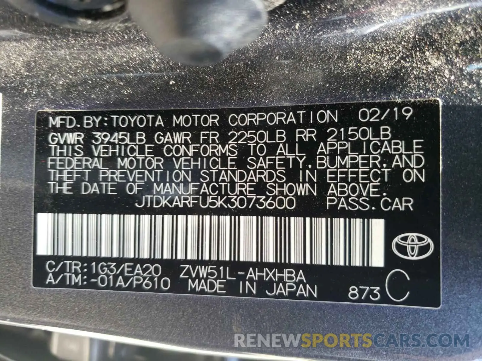 10 Photograph of a damaged car JTDKARFU5K3073600 TOYOTA PRIUS 2019