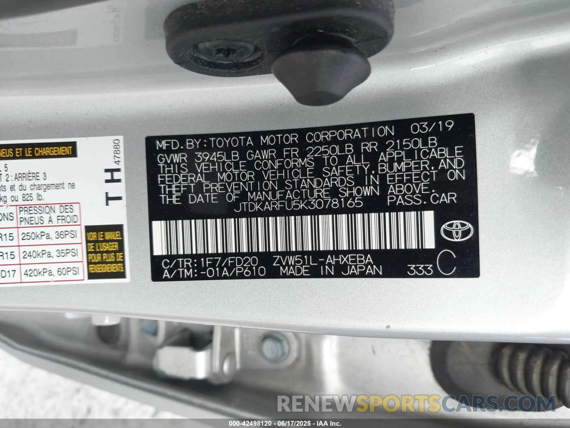 9 Photograph of a damaged car JTDKARFU5K3078165 TOYOTA PRIUS 2019
