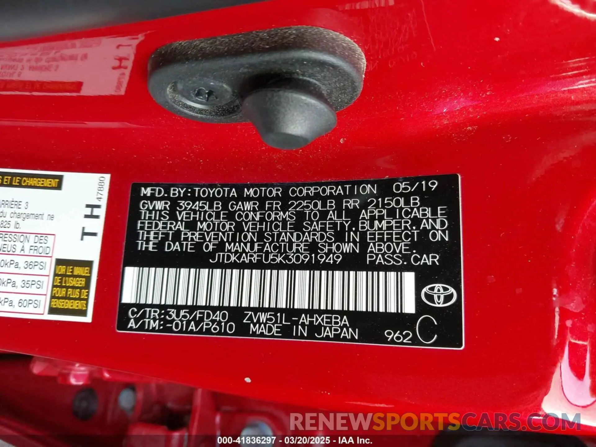 9 Photograph of a damaged car JTDKARFU5K3091949 TOYOTA PRIUS 2019